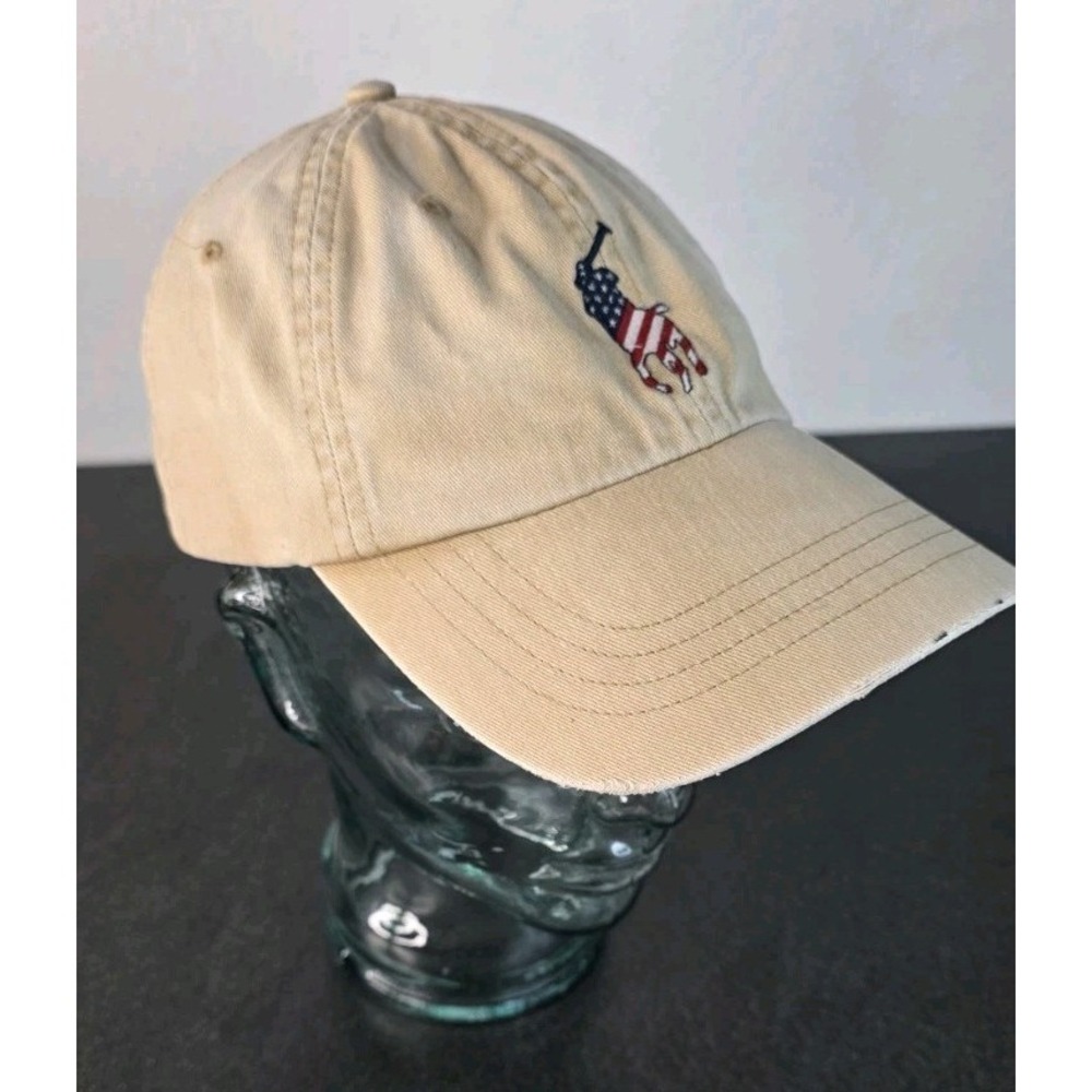Polo Ralph Lauren Tan Baseball Cap Hat USA Pony Adjustable Strap Flag Chino